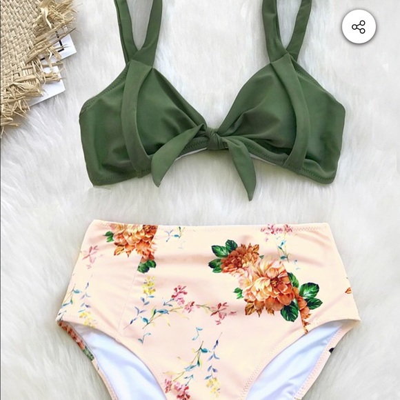 Cupshe Green And Peony Print High-Waisted Bikini - Picture 5 of 5